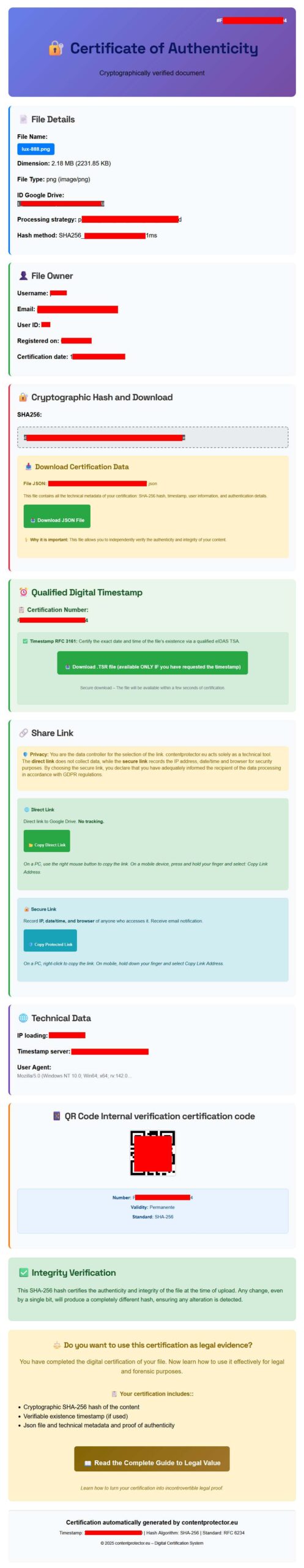Sample certification page with cryptographic hash, qualified timestamp, QR code, and technical details.