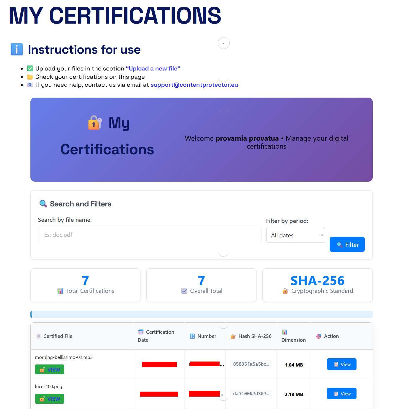 “My Certifications” dashboard displaying certified files, SHA-256 hash, and search filters.