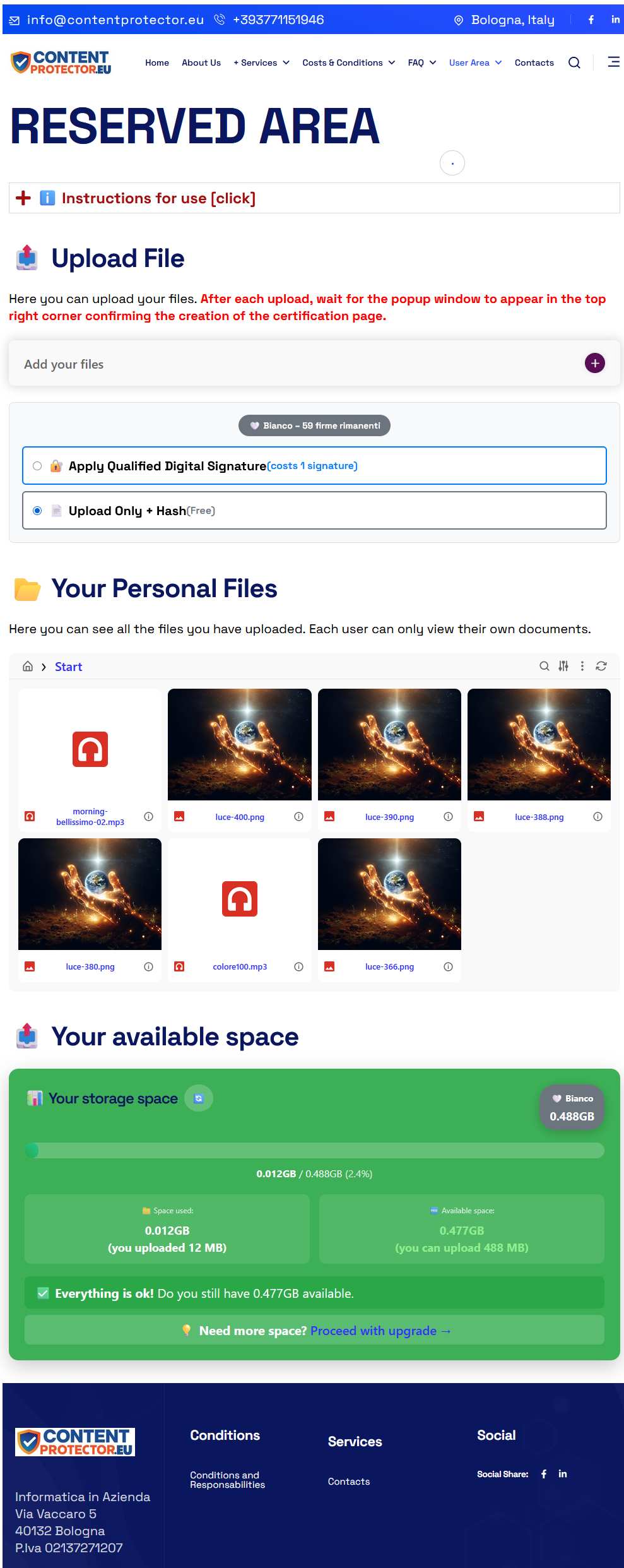 ContentProtector.eu reserved area showing file upload screen and digital certification options.